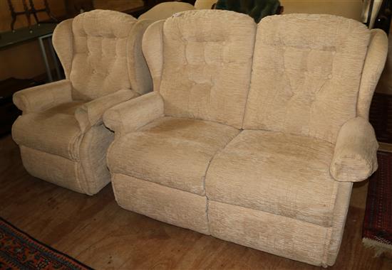 Two-seater settee and a matching easy chair upholstered in oatmeal fabric(-0